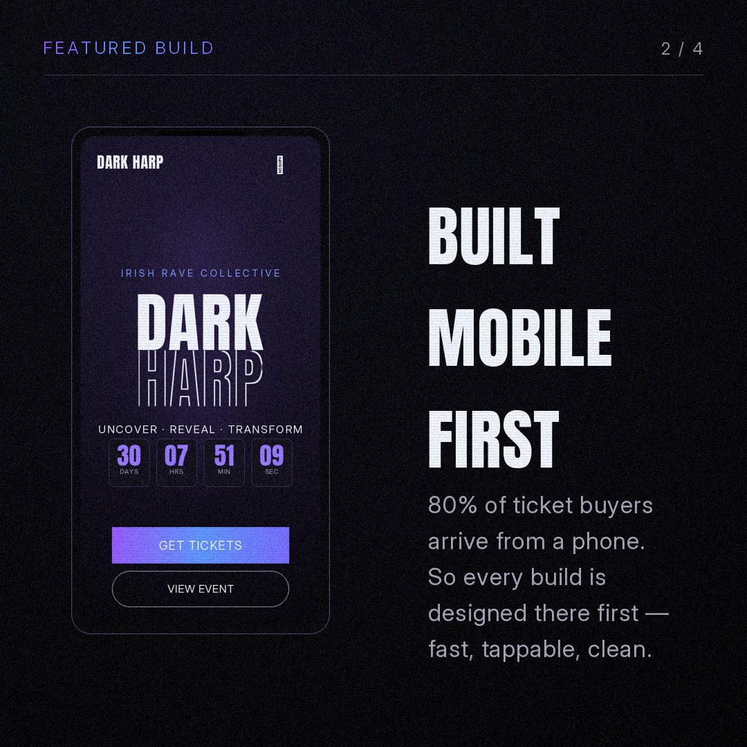 Dark Harp Events website on mobile