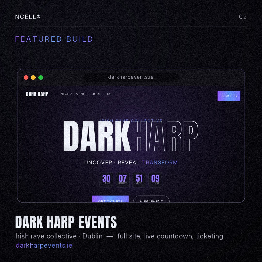 Dark Harp Events website on desktop