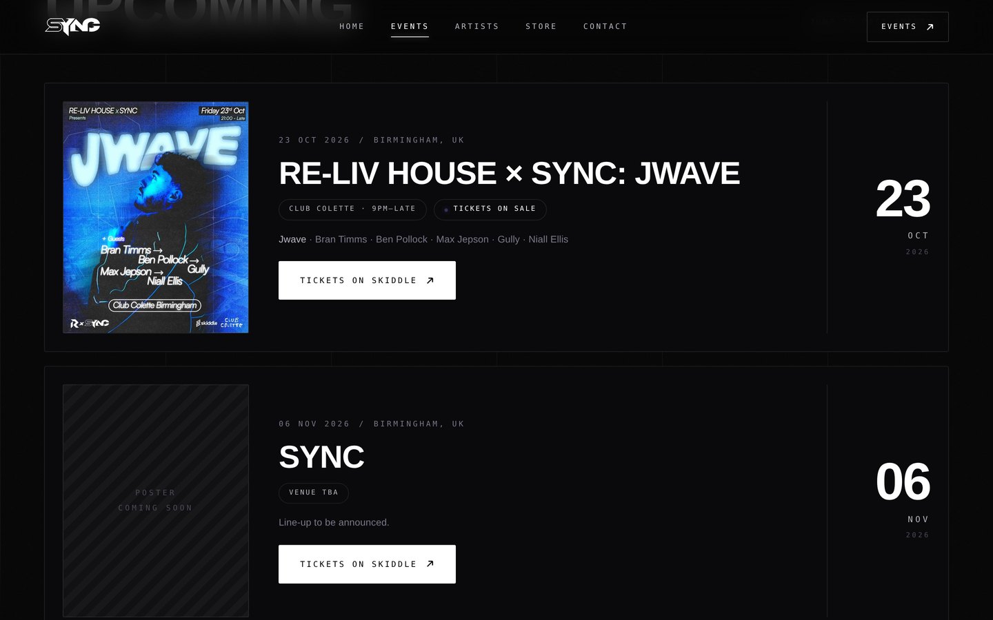 SYNC events page with poster-led listings on desktop