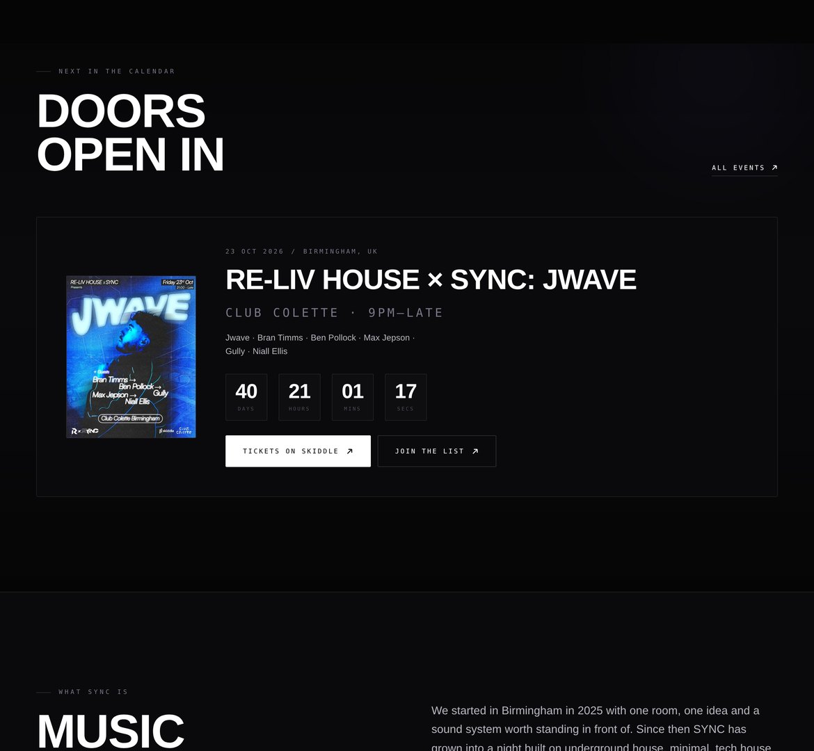SYNC underground electronic music events website by Ncell — next event with live countdown on desktop