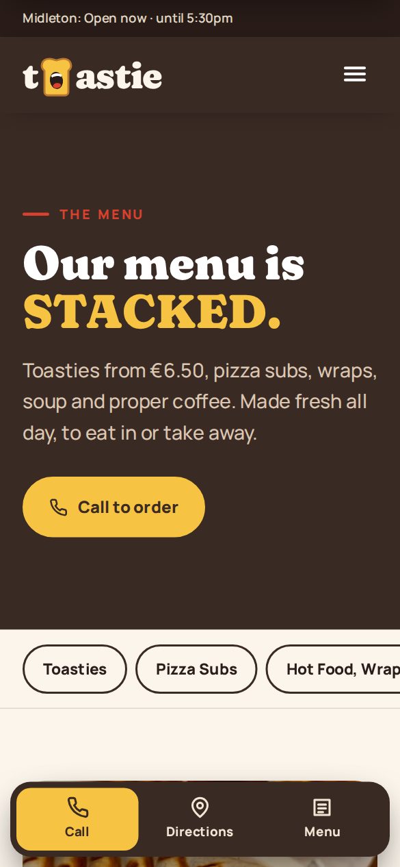 Toastie Cafe menu page on mobile