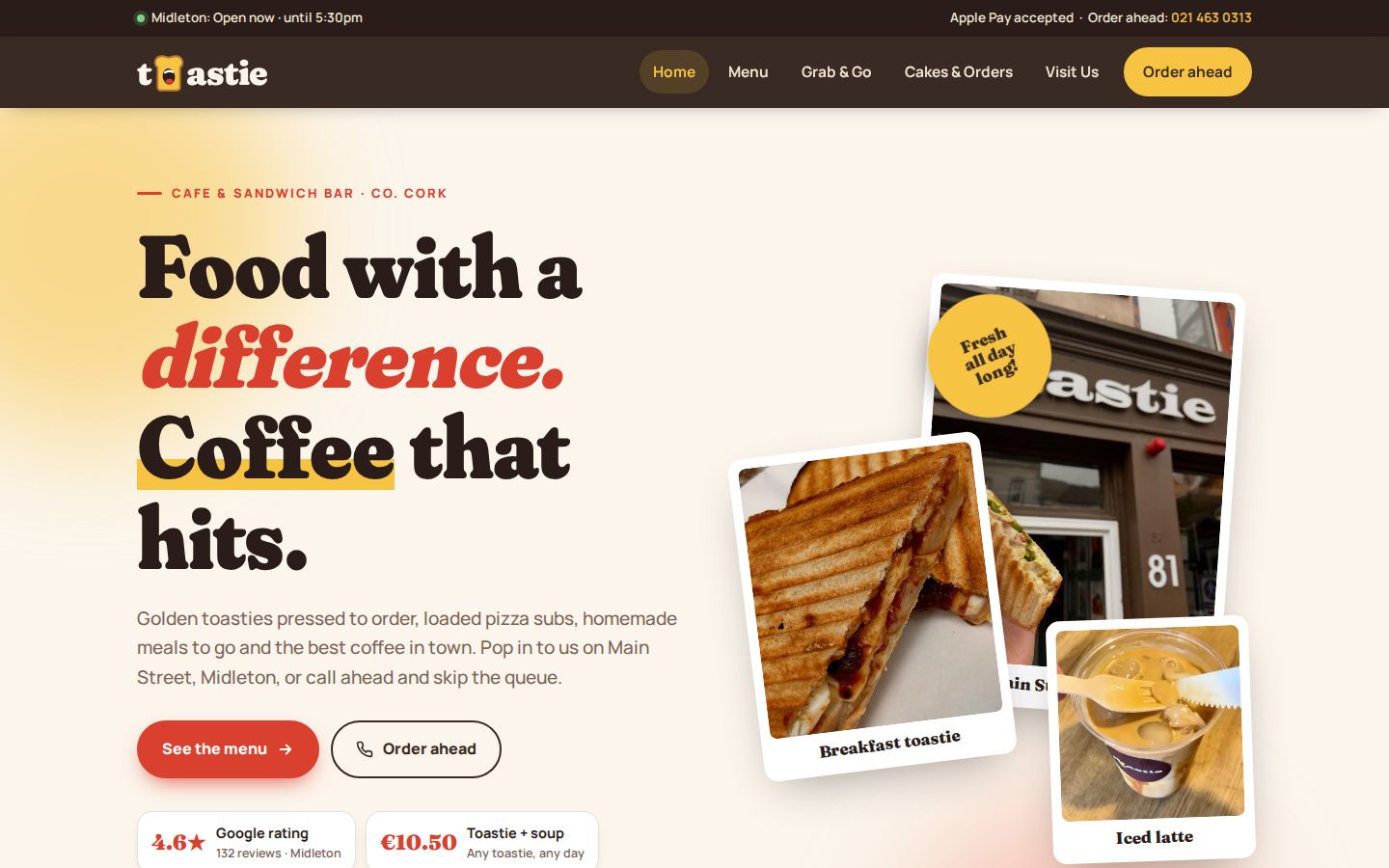 Toastie Cafe website home page on desktop