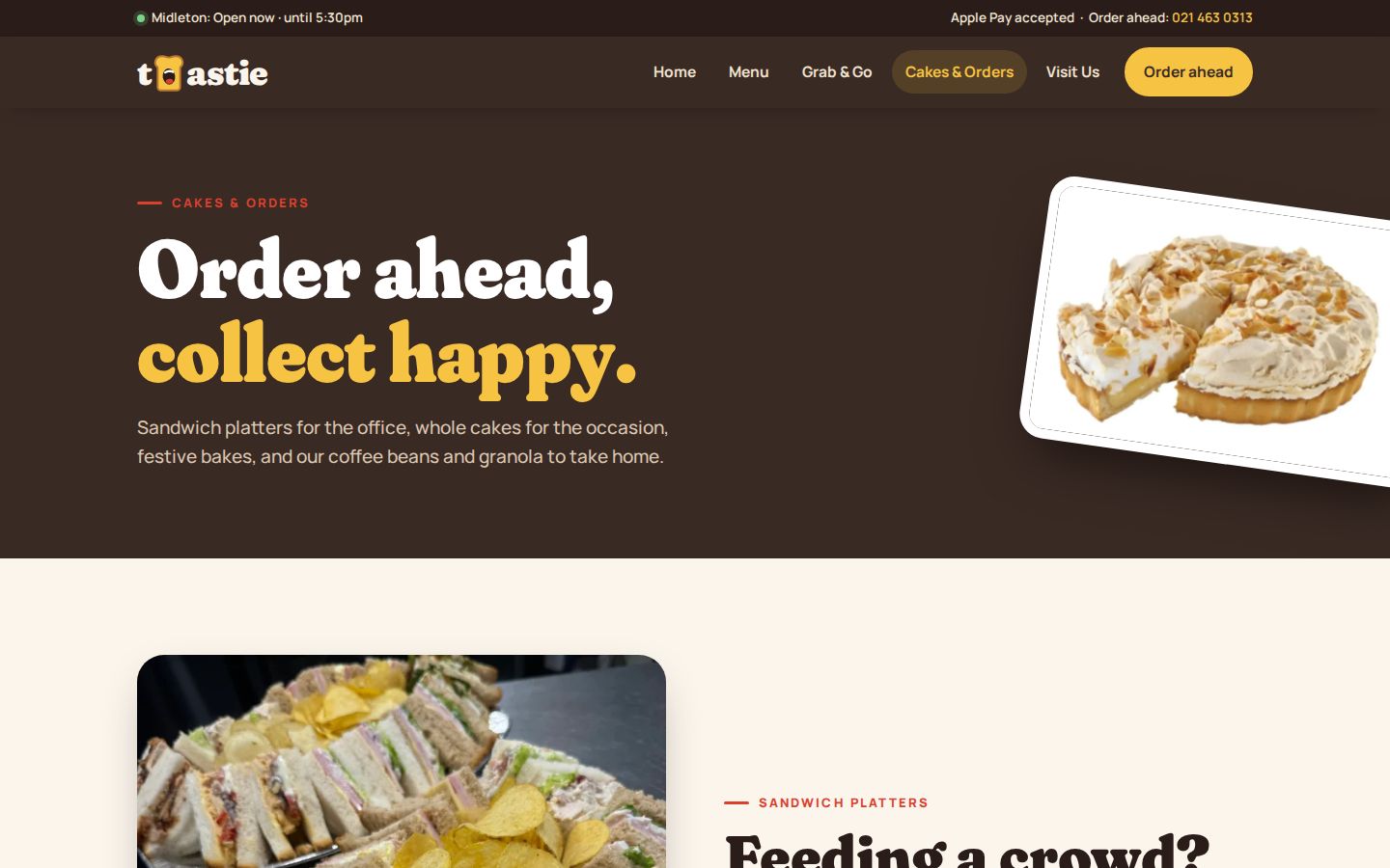 Toastie Cafe cakes and orders page on desktop
